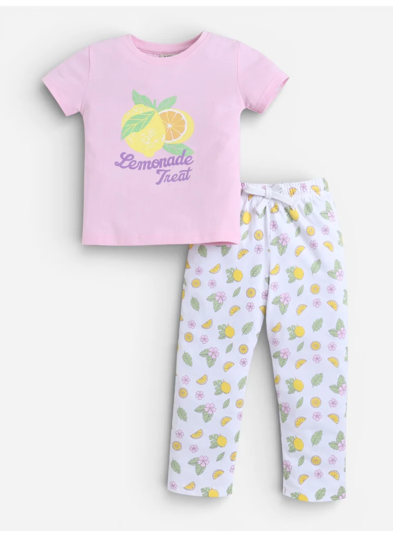 Victor And Jane  Girls Lemonade Print Cotton Pajama Set – T-Shirt & Full Pants Nightwear for Women | Best Price UAE